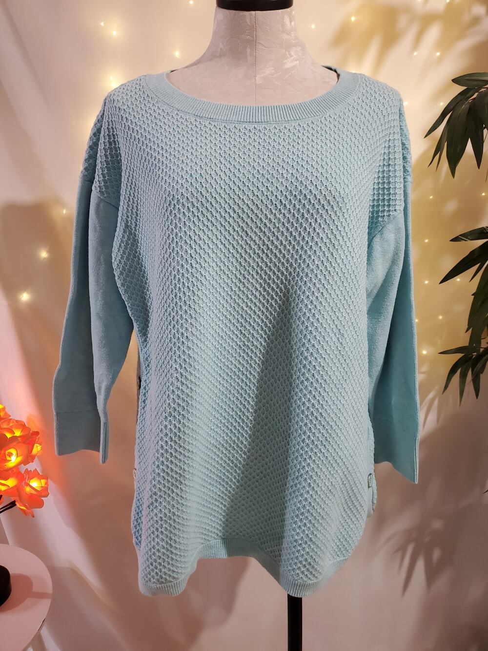 Talbots Pointelle Knit Light Teal Blue Button Side Sweater Womens Plus Size 2X